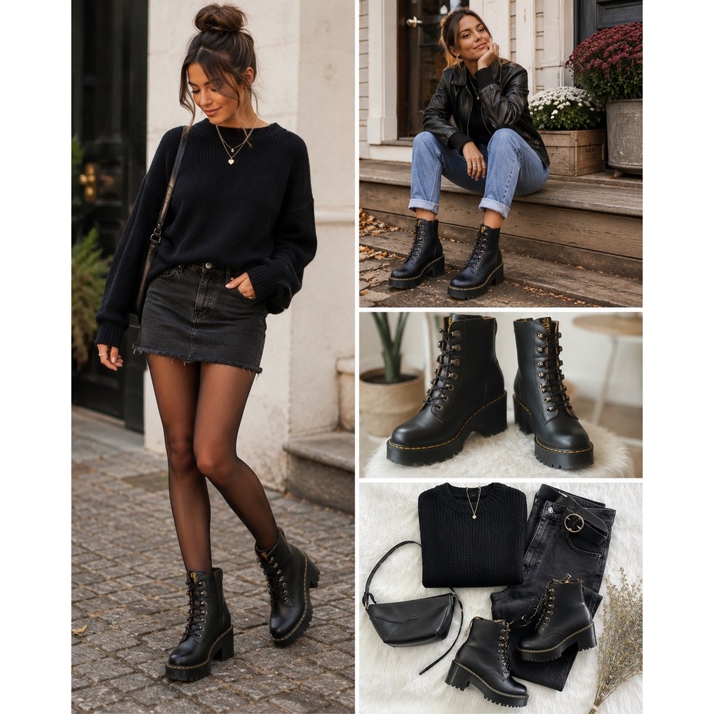 Dr. Martens Leona Boots Platform Chunky Black Vintage Smooth Leather Womens  88